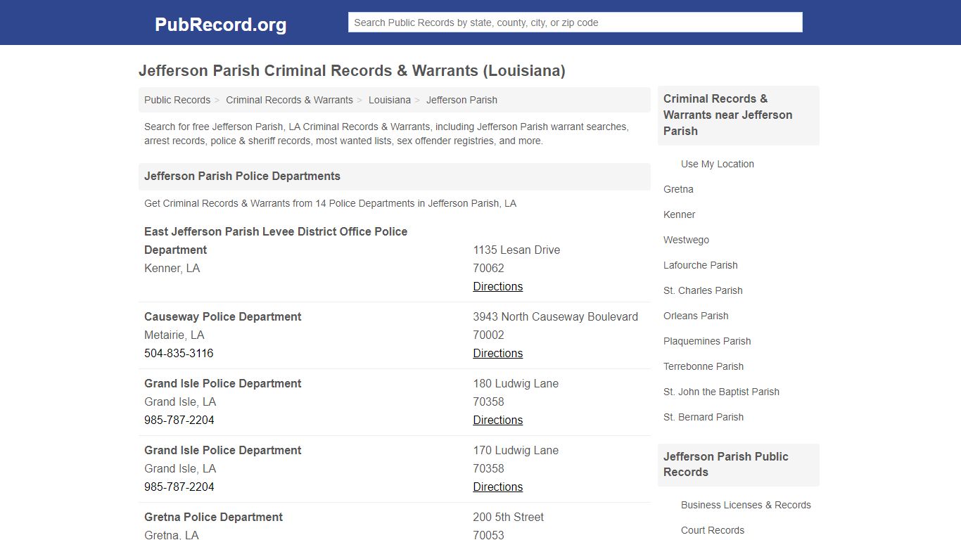 Jefferson Parish Criminal Records & Warrants (Louisiana)